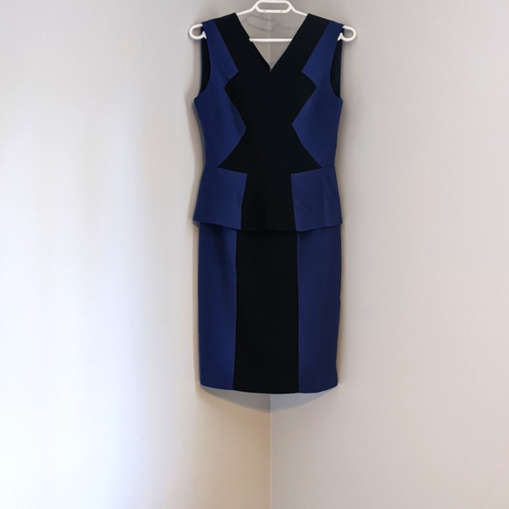 BCBG Blue & Black Peplum Midi Dress